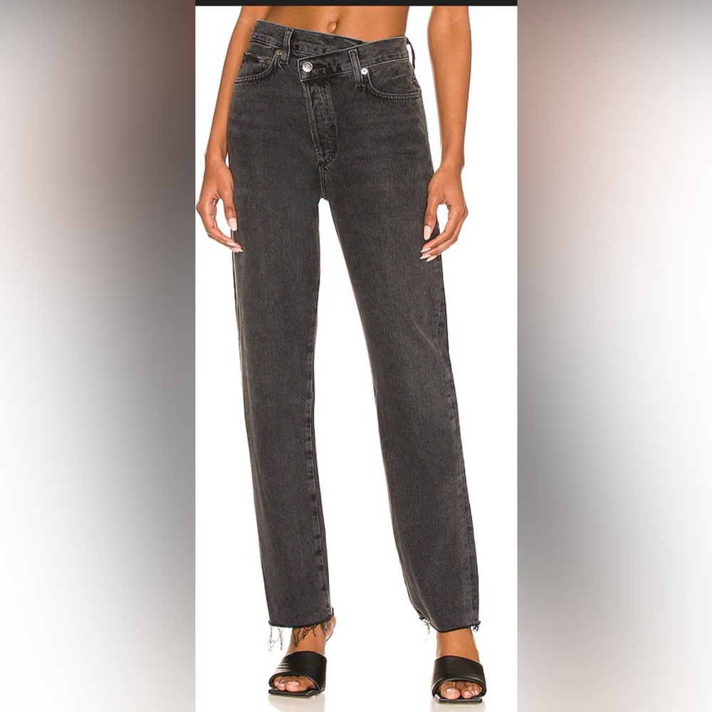 Agolde Criss Cross High Waist Jeans 29 Womens Black Shambles Cotton Frayed
